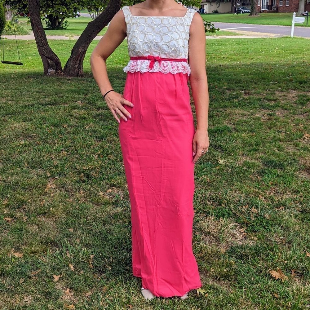 1950s Pink & White Baby Doll Formal Dress Sequin Square neck Sleeveless Maxi XS